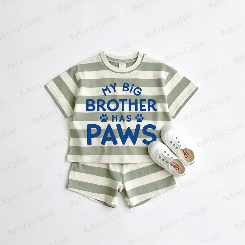 MY BIG BROTHER HAS PAWS Baby Toddler Grey Green Striped Tee and Shorts 2-piece Set - Grey Green - 3-5T - image 1