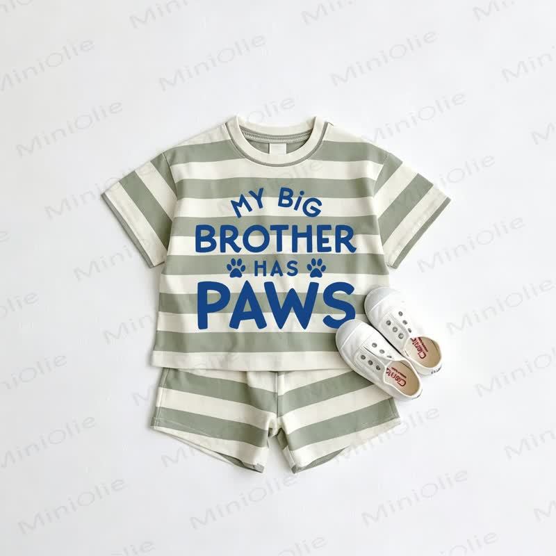MY BIG BROTHER HAS PAWS Baby Toddler Grey Green Striped Tee and Shorts 2-piece Set - Grey Green - 3-5T - image 1