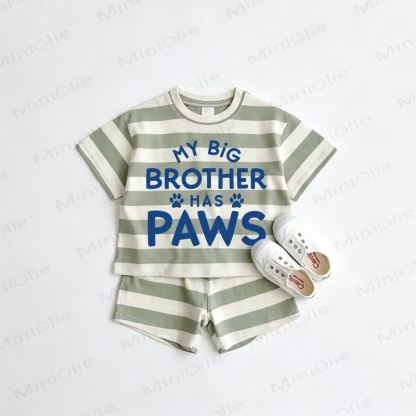 MY BIG BROTHER HAS PAWS Baby Toddler Grey Green Striped Tee and Shorts 2-piece Set - Grey Green - 3-5T - image 1