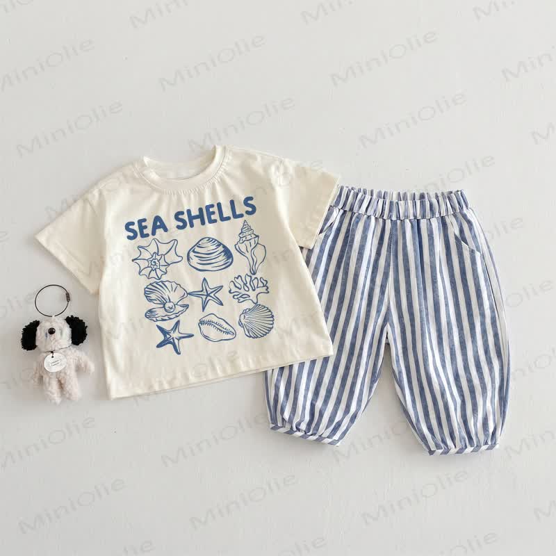 SEA SHELLS Baby Toddler Beige&Blue Vertical Striped 2-piece Set - Beige&Blue - 3-4T - image 1