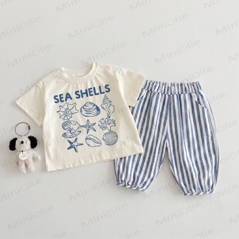 SEA SHELLS Baby Toddler Beige&Blue Vertical Striped 2-piece Set - Beige&Blue - 3-4T - image 1