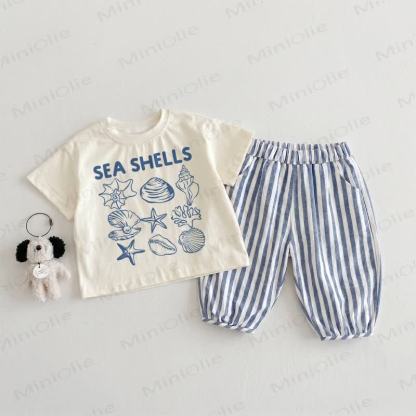 SEA SHELLS Baby Toddler Beige&Blue Vertical Striped 2-piece Set - Beige&Blue - 3-4T - image 1