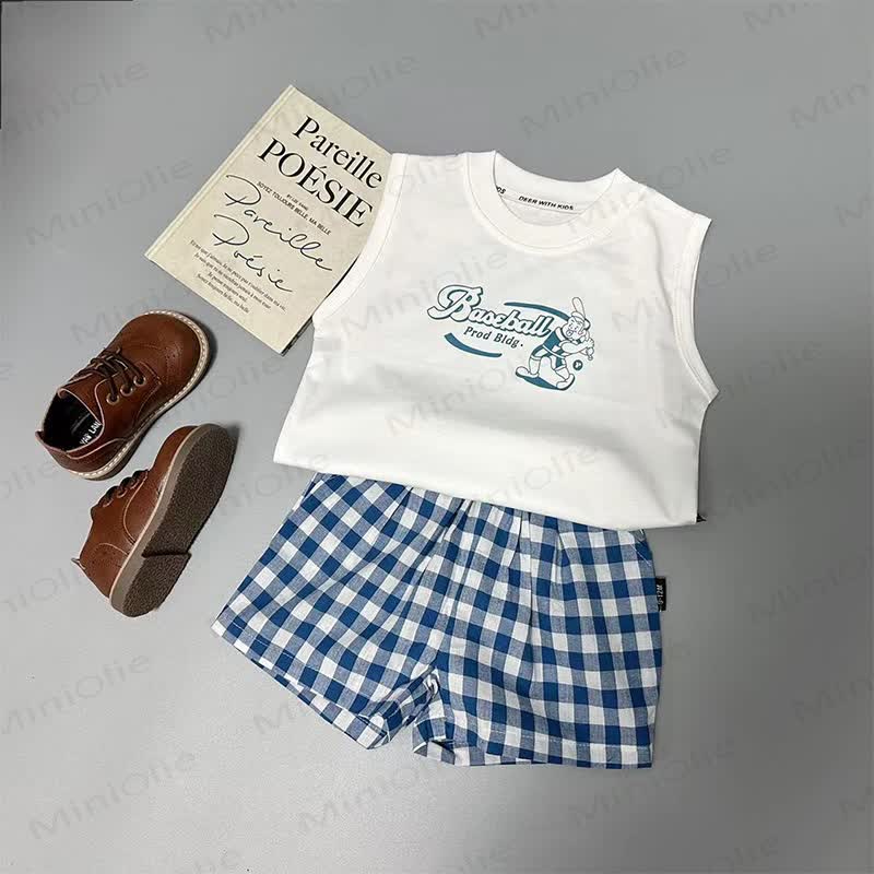 Baby Toddler White Baseball Print Tank Top or Blue Plaid Shorts - image 1