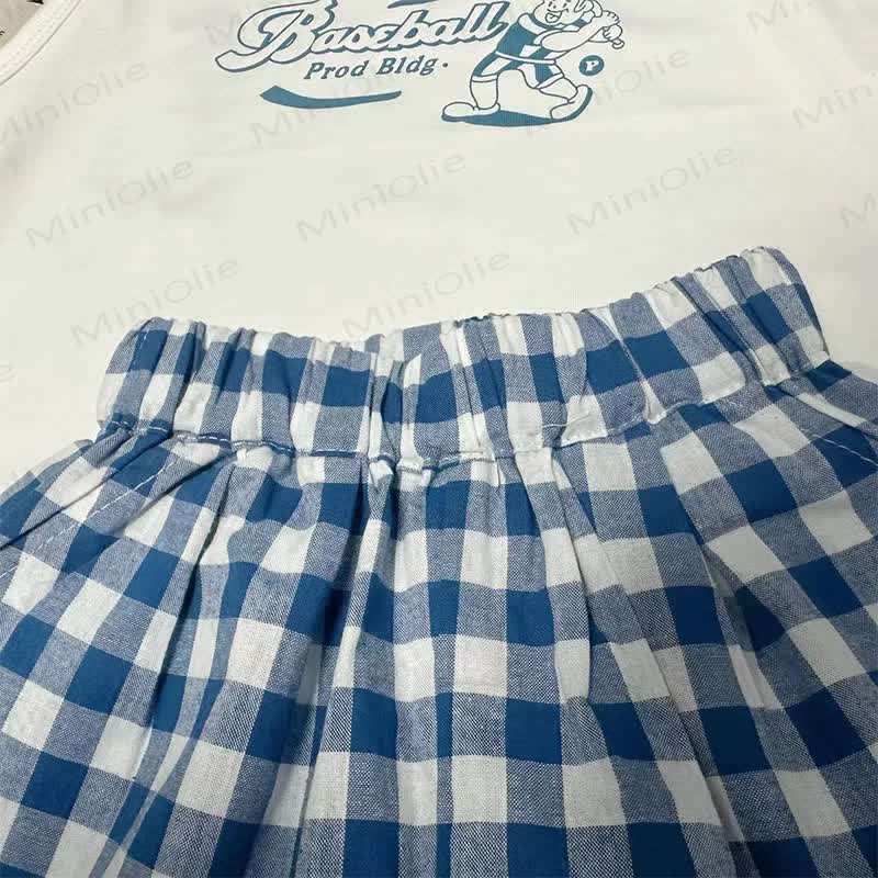 Baby Toddler White Baseball Print Tank Top or Blue Plaid Shorts - image 5