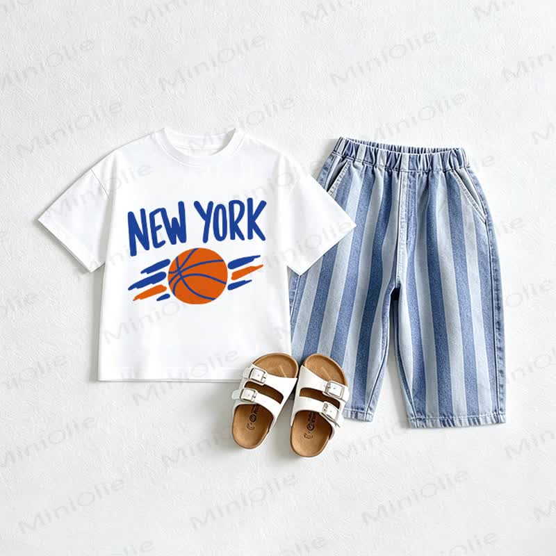 NEW YORK Baby Basketball Tee and Striped Jeans 2-piece Set - White&Red - 2-3T - image 1