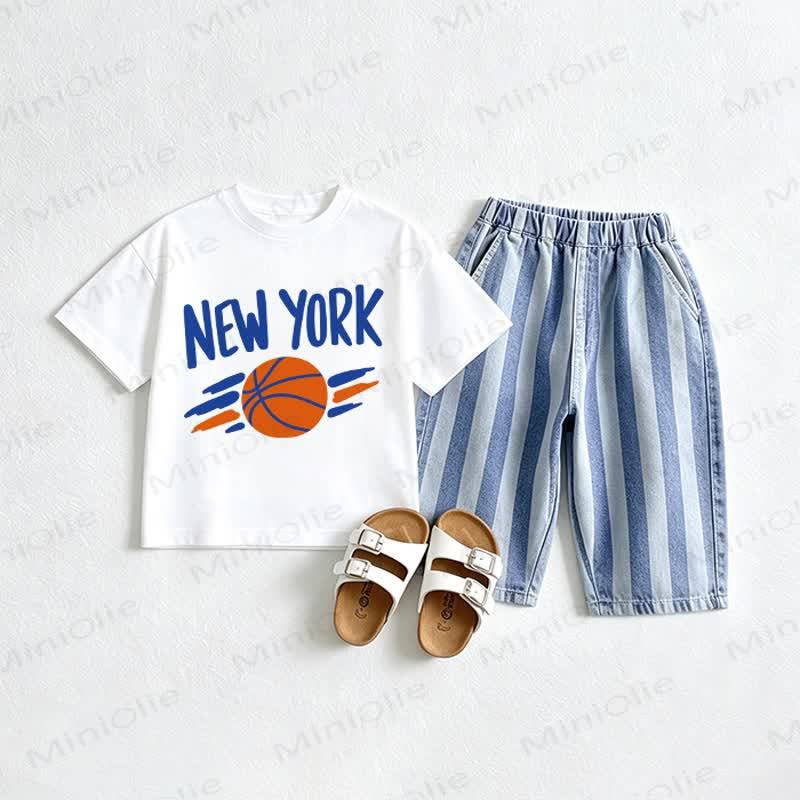 NEW YORK Baby Basketball Tee and Striped Jeans 2-piece Set - White&Red - 2-3T - image 1