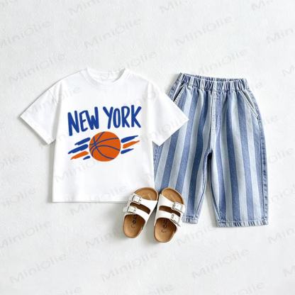 NEW YORK Baby Basketball Tee and Striped Jeans 2-piece Set - White&Red - 2-3T - image 1