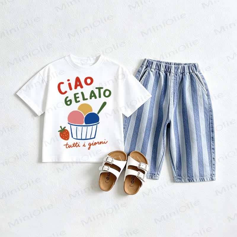 CIAO GELATO Baby Tee and Striped Jeans 2-piece Set - White&Red - 2-3T - image 1