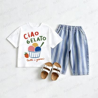 CIAO GELATO Baby Tee and Striped Jeans 2-piece Set - White&Red - 2-3T - image 1