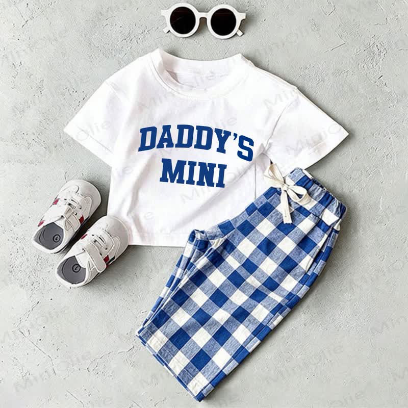 DADDY'S MINI Baby White Slogan T-shirt and Blue Plaid Pants 2-Piece Set - White&Blue - 2-3T - image 1