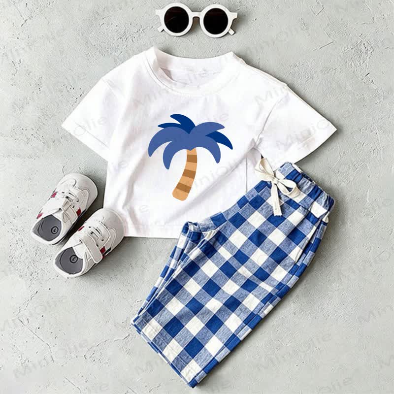 Baby White American Palm Print T-shirt and Blue Plaid Pants 2-Piece Set - White&Blue - 2-3T - image 1