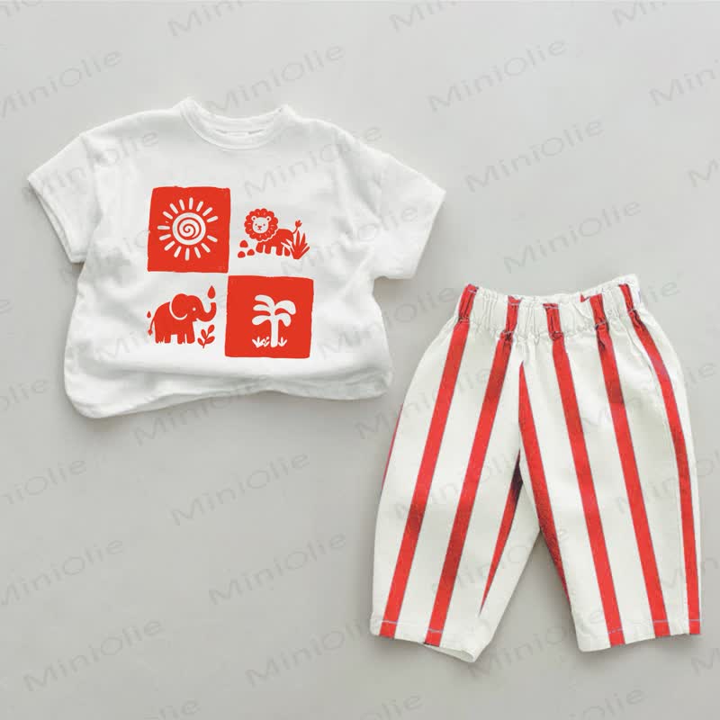 Baby Red Animal Striped 2-piece Set - White&Red - 4-5T - image 1
