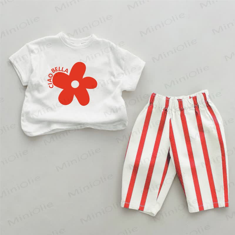 CIAO BELLA Baby Girls Red Flower Striped 2-piece Set - White&Red - 4-5T - image 1