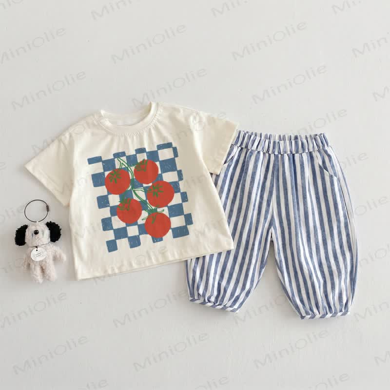 Baby Toddler Checkered Tomato Beige&Blue Vertical Striped 2-piece Set - Beige&Blue - 3-4T - image 1