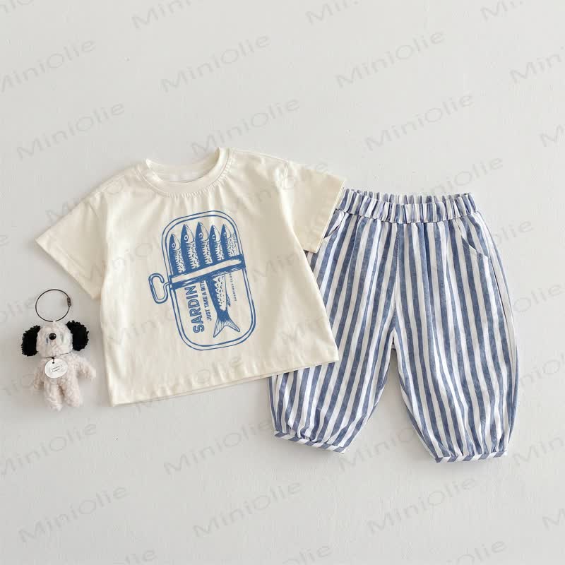 Baby Toddler Canned Sardines Print Beige&Blue Vertical Striped 2-piece Set - Beige&Blue - 3-4T - image 1