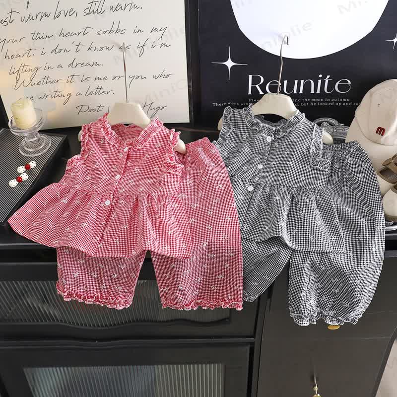 Toddler Girl Gingham Bowknot Ruffle Sleeveless Top and Pants 2-piece Set - image 1