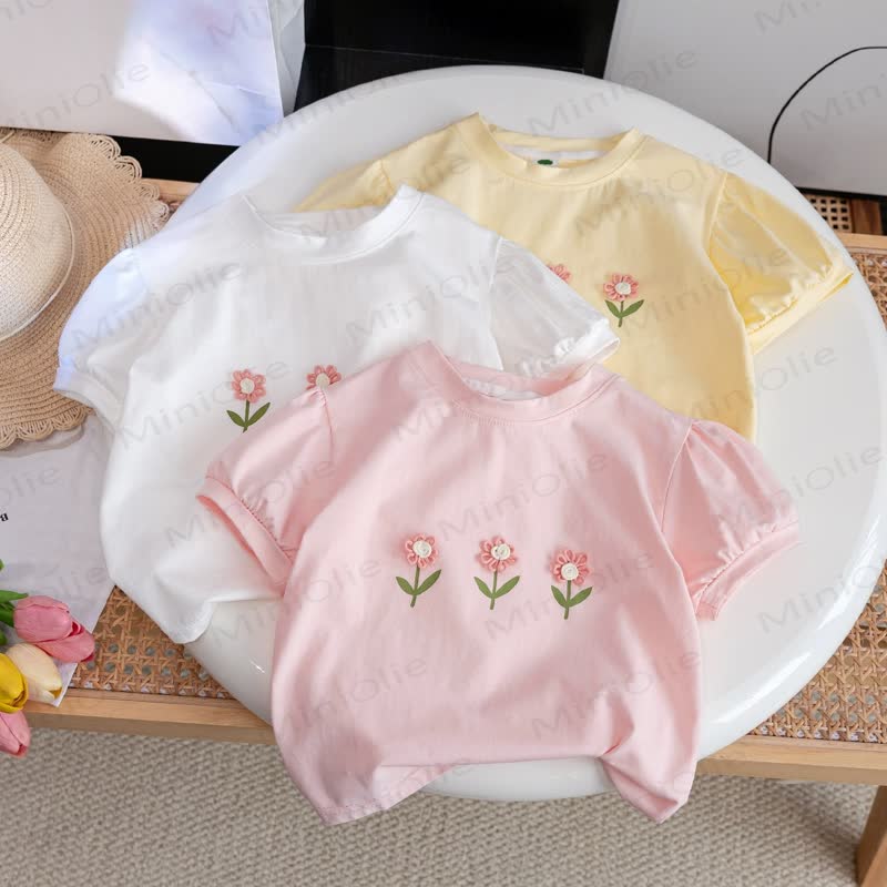 Toddler Girls Flower Embroidered Puff Sleeve T-Shirt - image 1