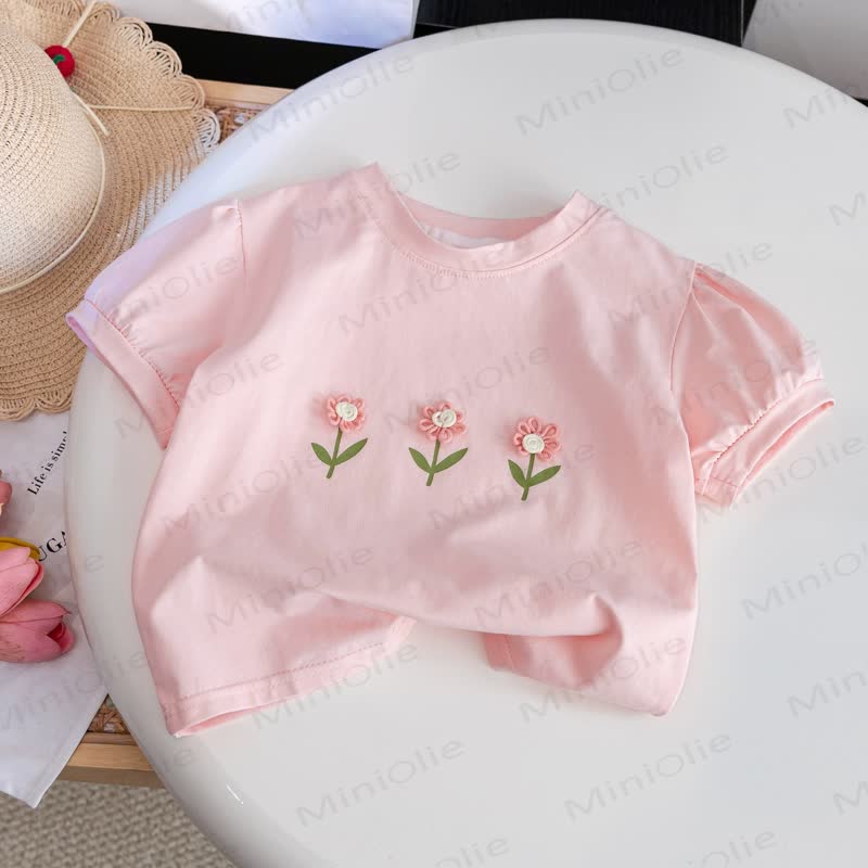 Toddler Girls Flower Embroidered Puff Sleeve T-Shirt - Pink - 6-7T - image 2