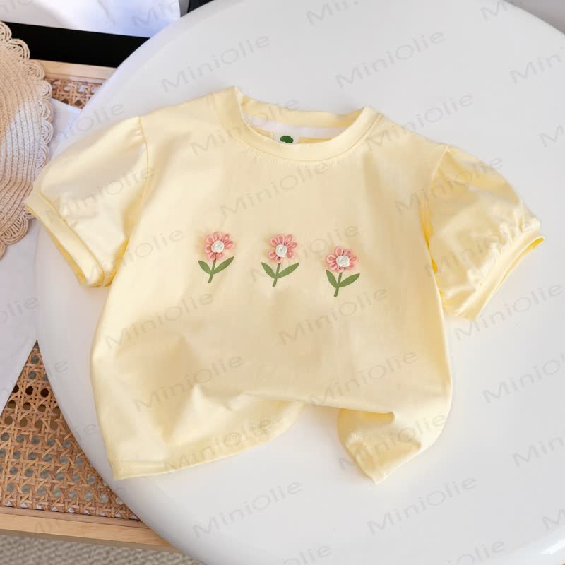 Toddler Girls Flower Embroidered Puff Sleeve T-Shirt - Yellow - 6-7T - image 3