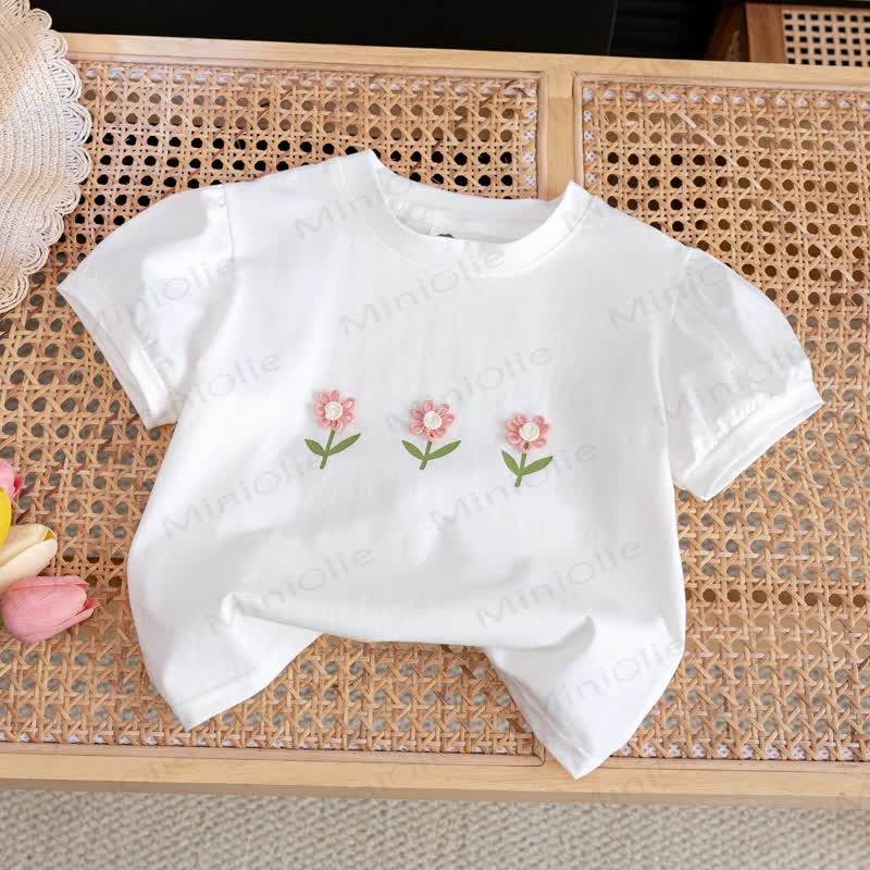 Toddler Girls Flower Embroidered Puff Sleeve T-Shirt - White - 6-7T - image 4