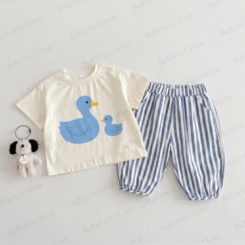 Baby Toddler Ducks Beige&Blue Vertical Striped 2-piece Set - Beige&Blue - 3-4T - image 1