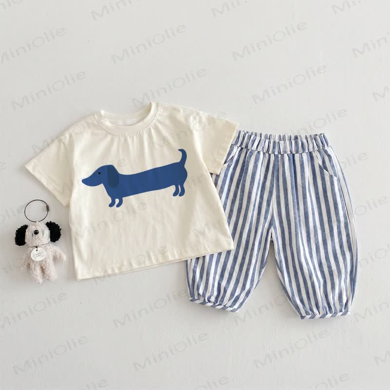 Baby Toddler Daschund Beige&Blue Vertical Striped 2-piece Set - Beige&Blue - 3-4T - image 1