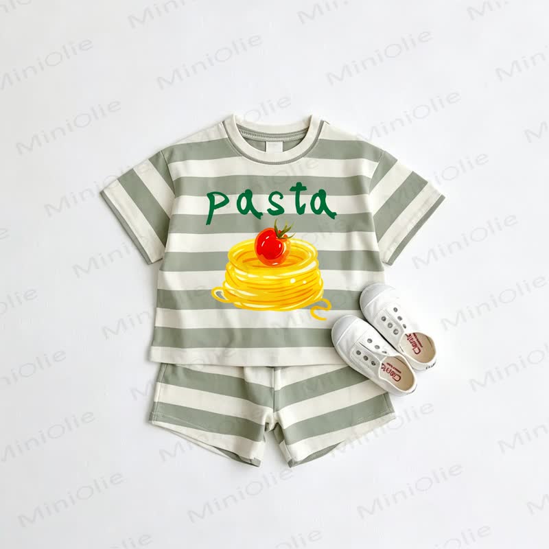 PASTA Baby Toddler Grey Green Striped Tee and Shorts 2-piece Set - Grey Green - 3-5T - image 1