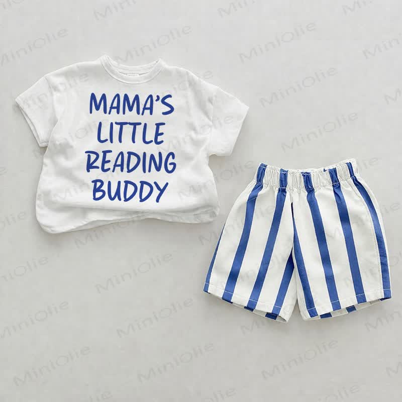 MAMA'S LITTLE READING BUDDY Baby Tee and Striped Shorts 2-piece Set - White&Blue - 2-3T - image 1