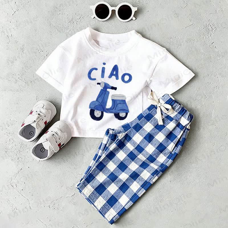 CIAO Baby White T-shirt and Blue Plaid Pants 2-Piece Set - White&Blue - 2-3T - image 1