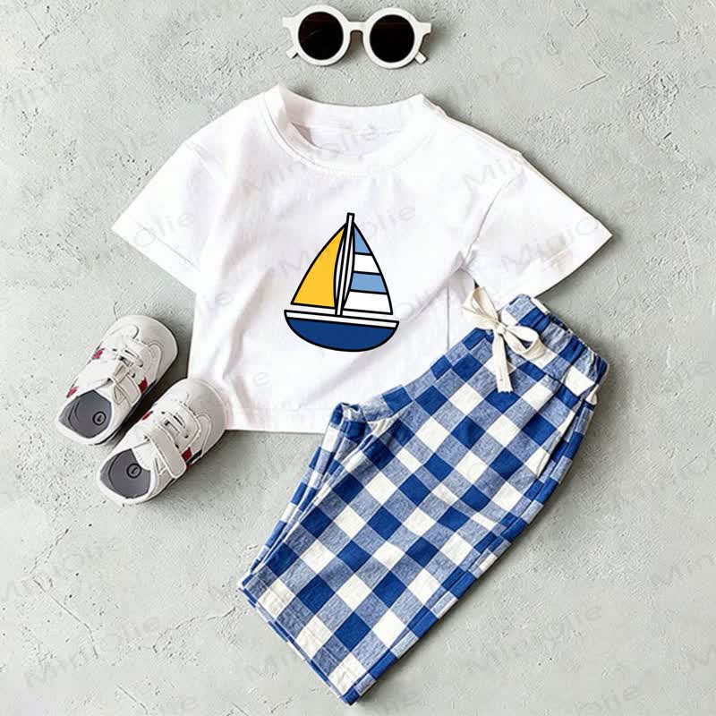 Baby White Ship T-shirt and Blue Plaid Pants 2-Piece Set - White&Blue - 2-3T - image 1