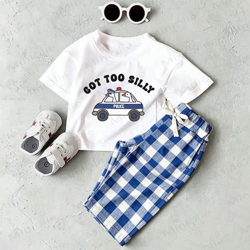 GOT TOO SILLY Baby White Goose T-shirt and Blue Plaid Pants 2-Piece Set - White&Blue - 2-3T - image 1
