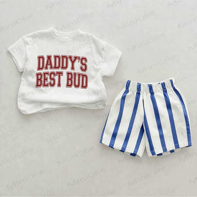 DADDY'S BEST BUD Baby Blue Vertical Striped 2-piece Shorts Set - White&Blue - 2-3T - image 1