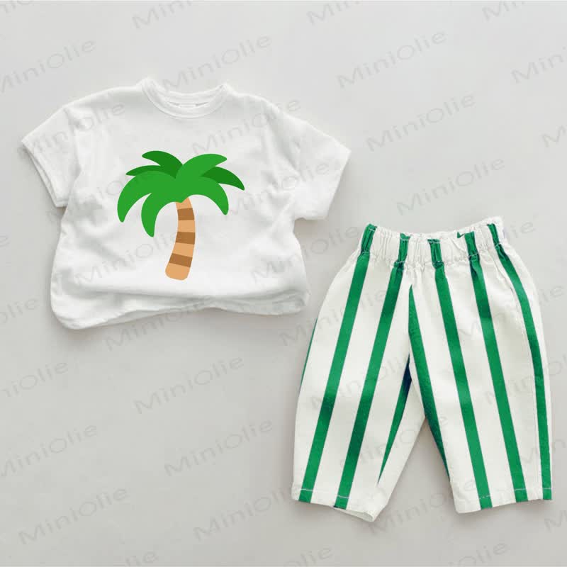 Baby Palm Print Green Vertical Striped 2-piece Pants Set - White&Green - 2-3T - image 1