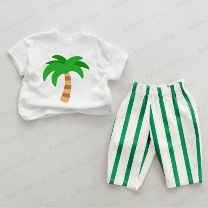 Baby Palm Print Green Vertical Striped 2-piece Pants Set - White&Green - 2-3T - image 1