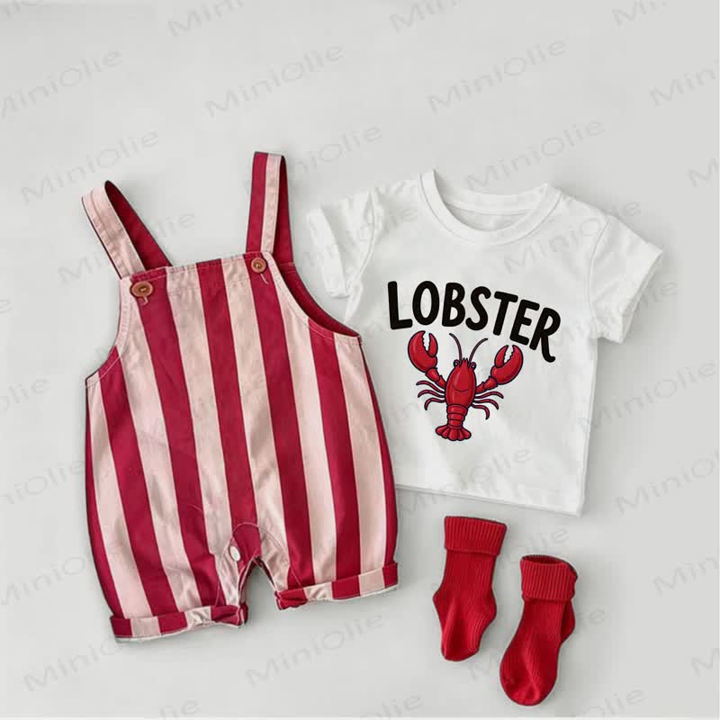LOBSTER Baby Lobster Red Stripe Overalls and White Tee 2-piece Set - White&Red - 2-3T - image 1