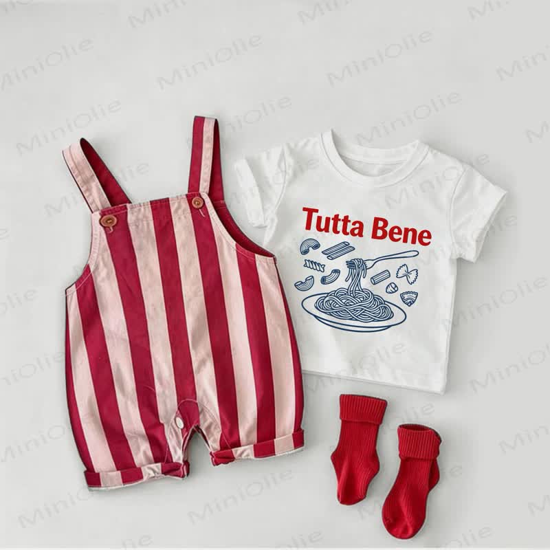 TUTTA BENE Baby Pasta Red Stripe Overalls and White Tee 2-piece Set - White&Red - 2-3T - image 1