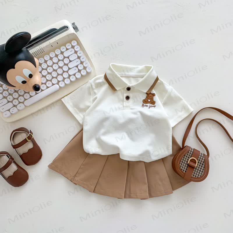 Baby Bear Embroidered Polo Shirt Shorts or Skirt 2-piece Set - Beige Tee and Skirt - 3-4T - image 3