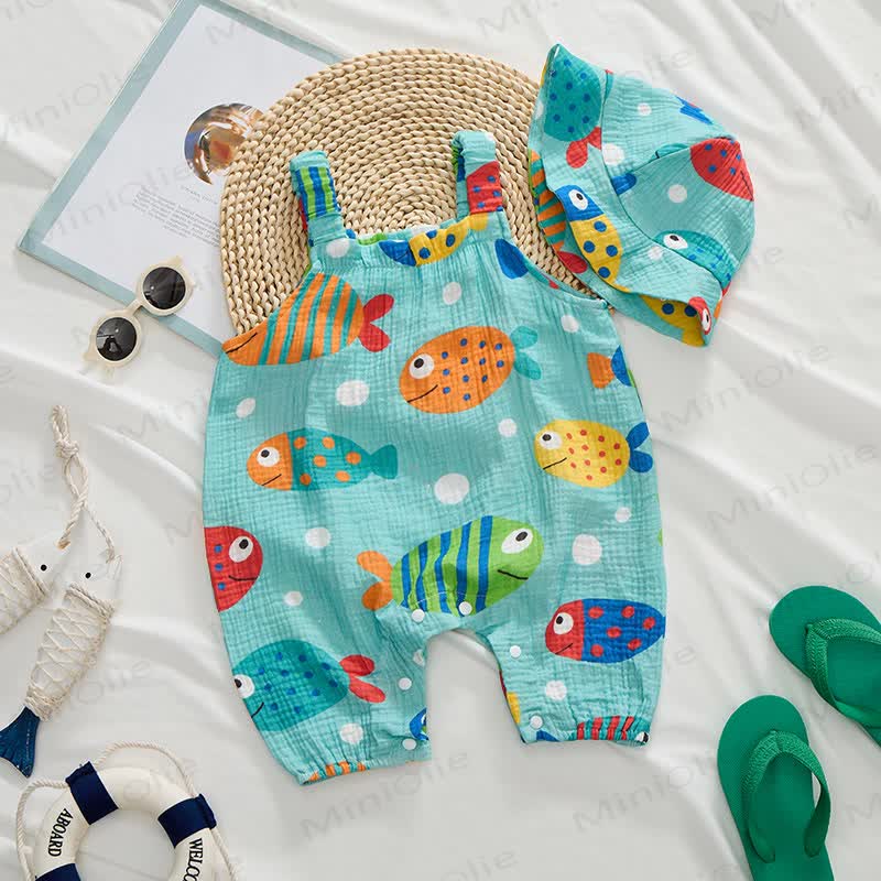 Baby Fish Print Green Jumpsuit with Hat - image 3