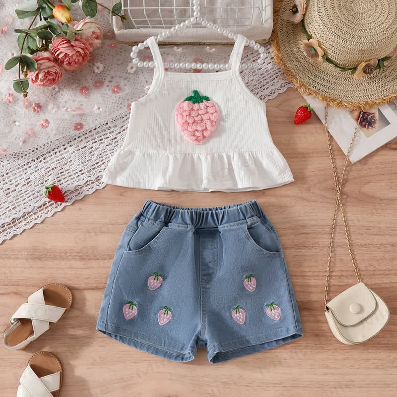 Toddler Girl Strawberry Cami Top and Denim Shorts 2-piece Set - Pink - 7Y - image 2