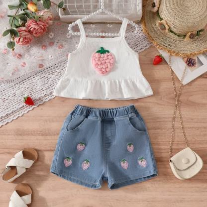 Toddler Girl Strawberry Cami Top and Denim Shorts 2-piece Set - Pink - 7Y - image 2