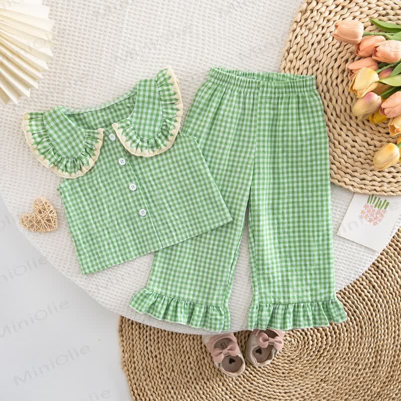 Toddler Baby Girl Gingham Ruffle Collar Sleeveless Top and Pants 2-piece Set - Green - 4-5Y - image 2