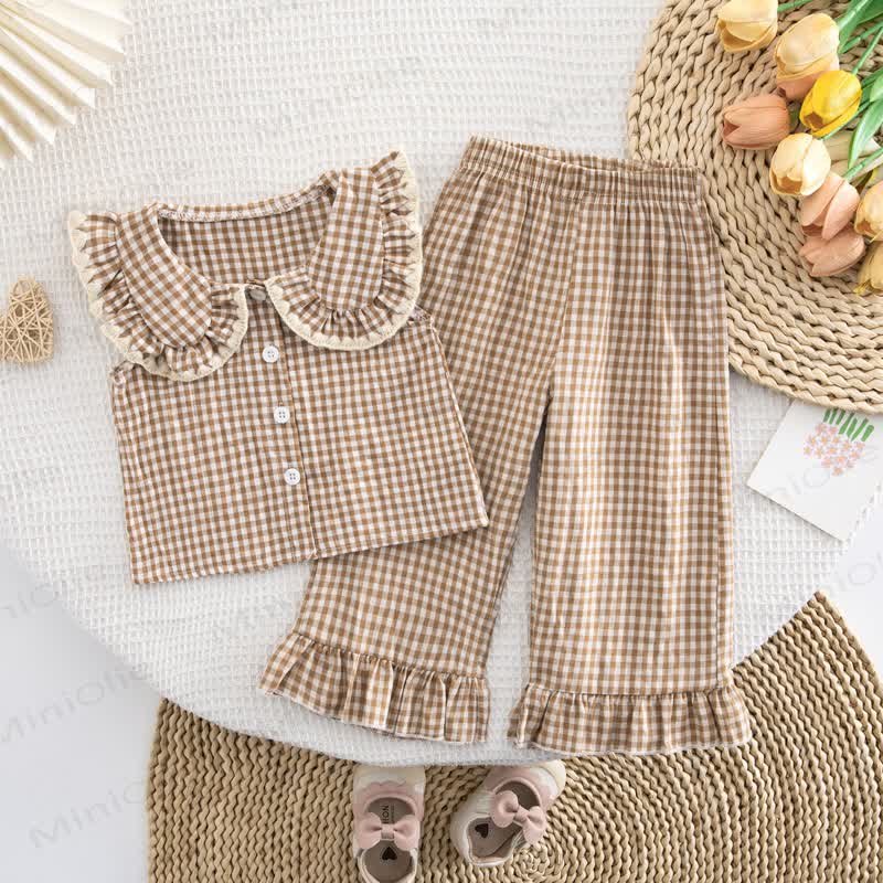 Toddler Baby Girl Gingham Ruffle Collar Sleeveless Top and Pants 2-piece Set - Beige - 4-5Y - image 4