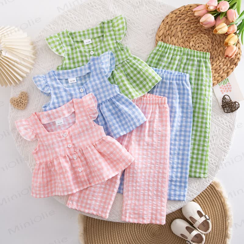 Toddler Baby Girl Gingham Flutter Sleeve Top and Pants 2-piece Set - image 1