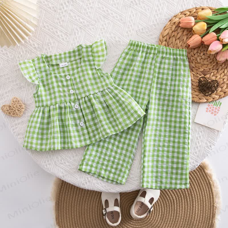 Toddler Baby Girl Gingham Flutter Sleeve Top and Pants 2-piece Set - Green - 4-5Y - image 2