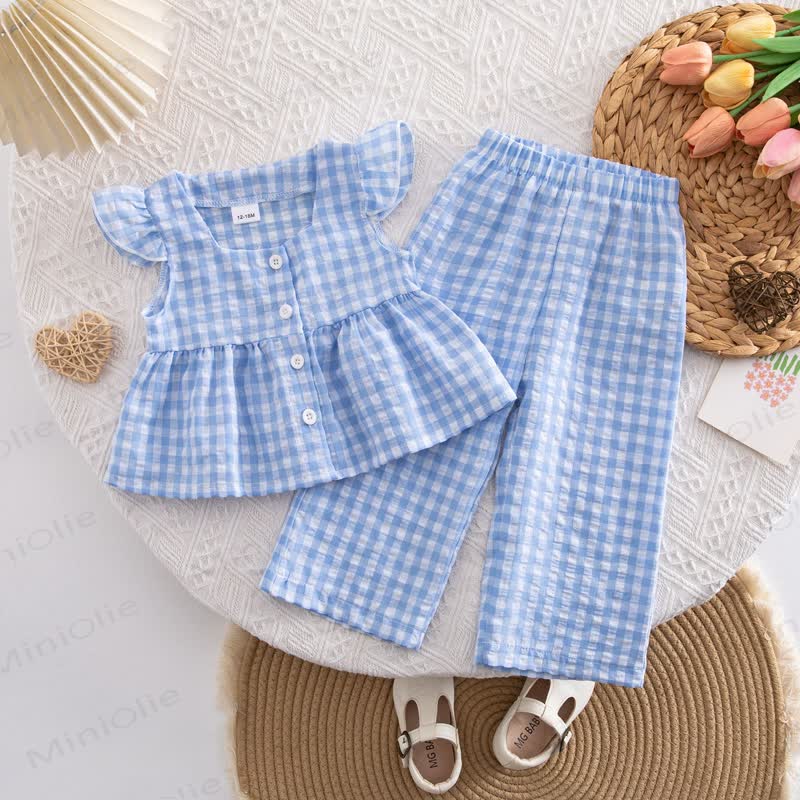 Toddler Baby Girl Gingham Flutter Sleeve Top and Pants 2-piece Set - Blue - 4-5Y - image 4