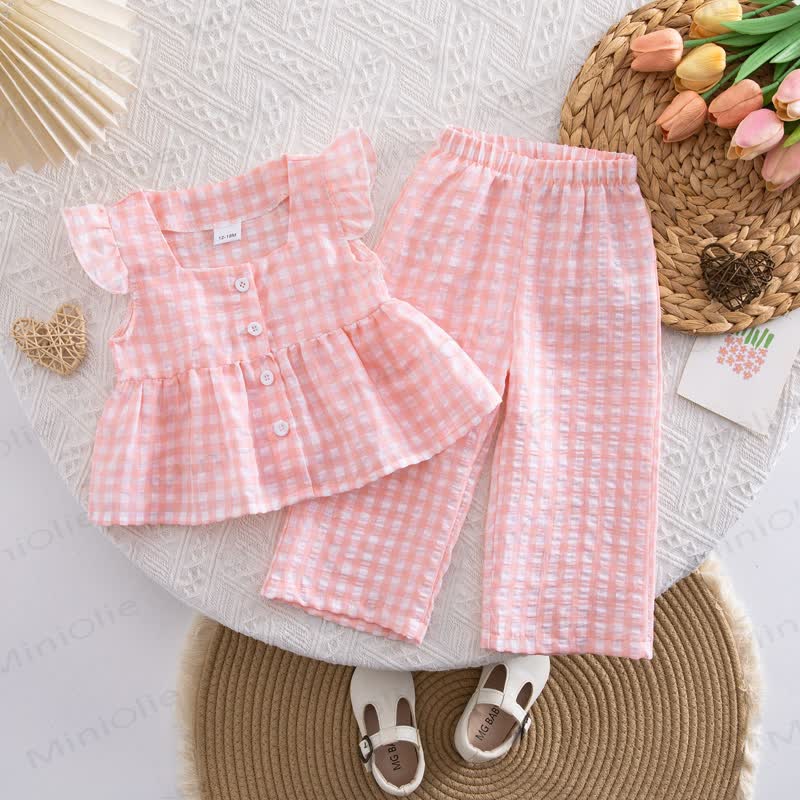 Toddler Baby Girl Gingham Flutter Sleeve Top and Pants 2-piece Set - Pink - 4-5Y - image 3