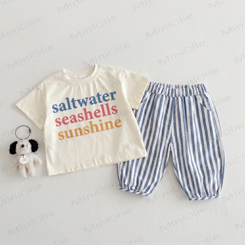 SALTWATER SEESHELLS SUNSHINE Baby Toddler Beige&Blue Vertical Striped 2-piece Set - Beige&Blue - 3-4T - image 1