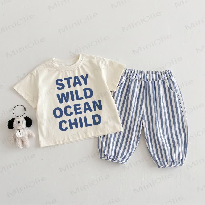 STAY WILD OCEAN CHILD Baby Toddler Beige&Blue Vertical Striped 2-piece Set - Beige&Blue - 3-4T - image 1
