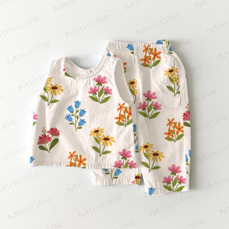 Baby Toddler Flower BeigeTank Top and Pants 2-piece Set - Beige - 3-4T - image 1