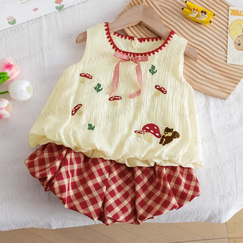 Toddler Girl Mushroom Embroidered Sleeveless Top and Shorts 2-piece Set - Beige - 6-7T - image 1